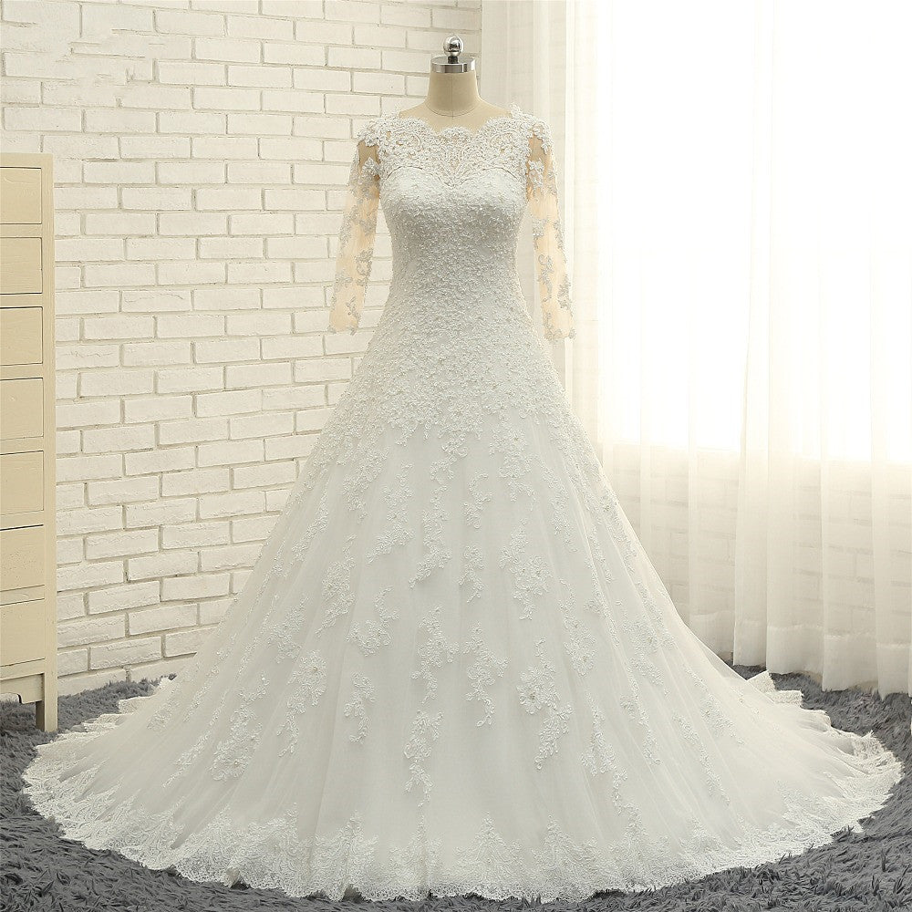 Elegant A-Line Jewel White Tulle Lace Wedding Dress 3/4 Sleeves Appliques Bridal Gowns with Pearls-27dress