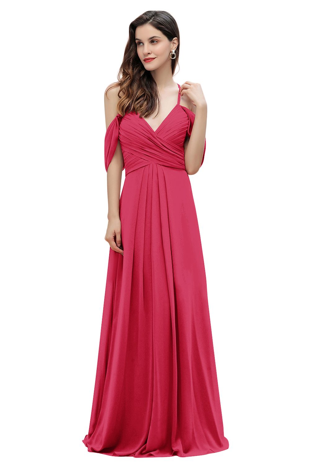 Elegant A-line Off-the-Shoulder V-neck Ruched Long Bridesmaid Dress-27dress