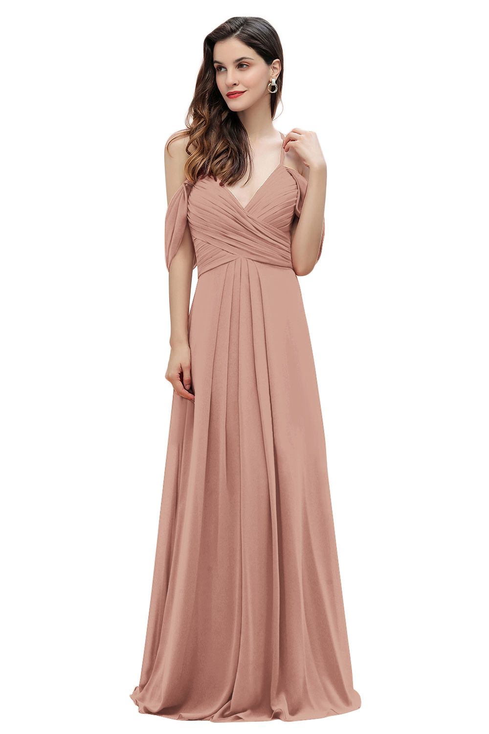 Elegant A-line Off-the-Shoulder V-neck Ruched Long Bridesmaid Dress-27dress