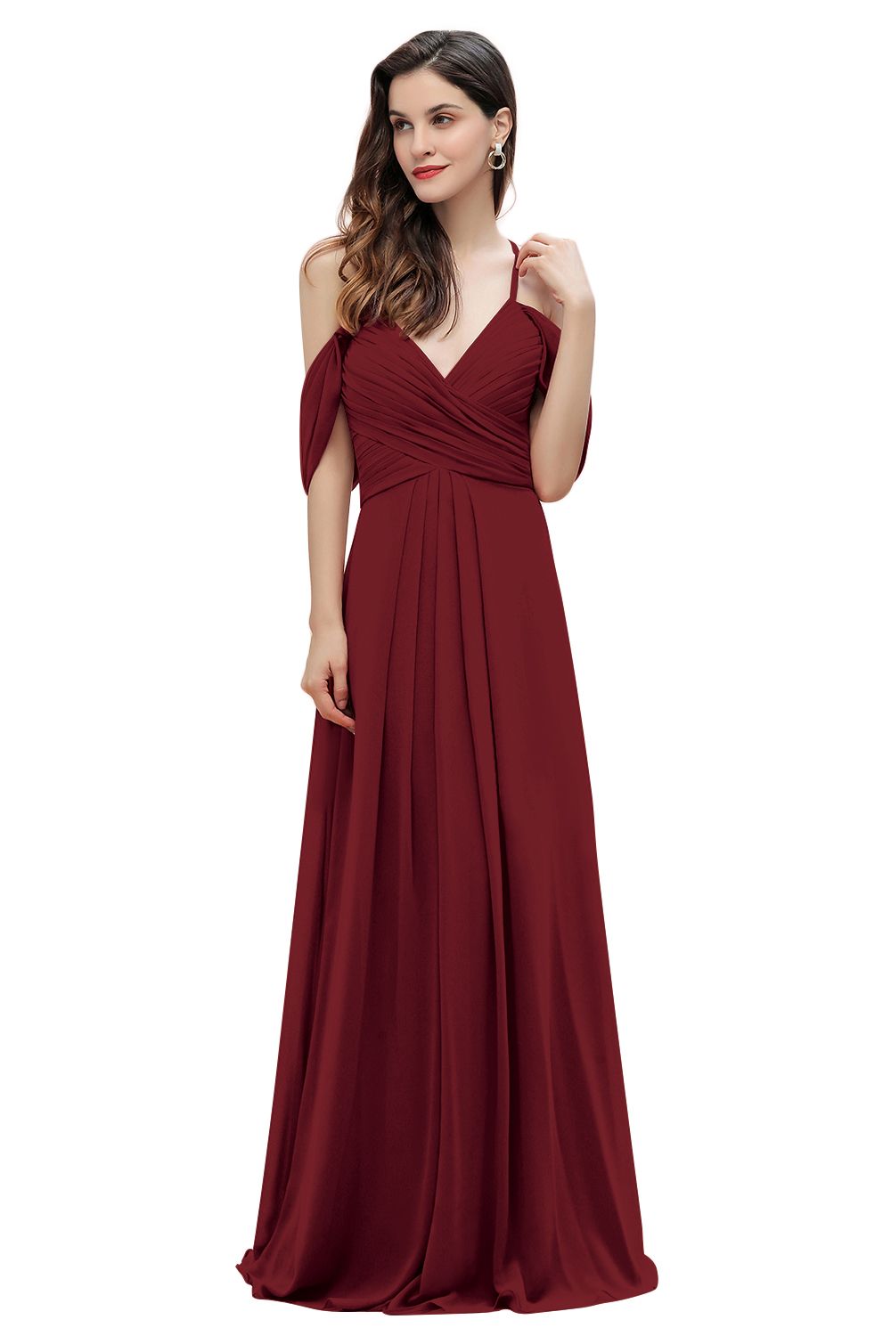 Elegant A-line Off-the-Shoulder V-neck Ruched Long Bridesmaid Dress-27dress