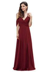 Elegant A-line Off-the-Shoulder V-neck Ruched Long Bridesmaid Dress-27dress
