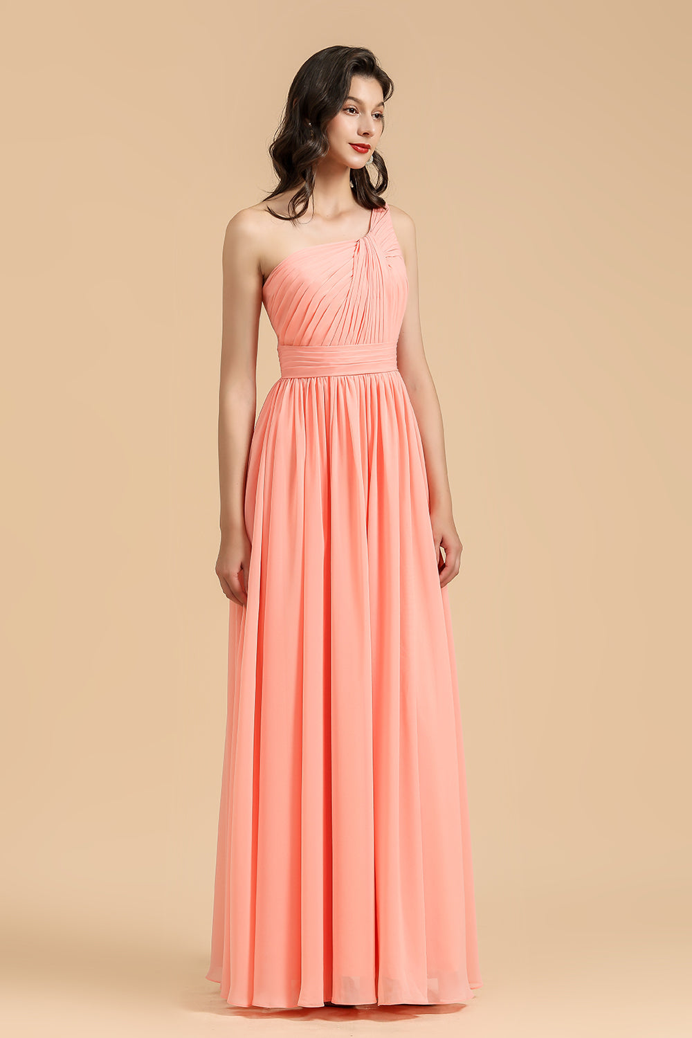 Elegant A-line One Shoulder Coral Chiffon Long Bridesmaid Dress-27dress