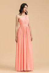 Elegant A-line One Shoulder Coral Chiffon Long Bridesmaid Dress-27dress