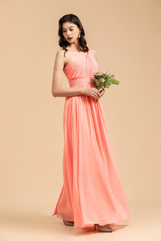 Load image into Gallery viewer, Elegant A-line One Shoulder Coral Chiffon Long Bridesmaid Dress-27dress

