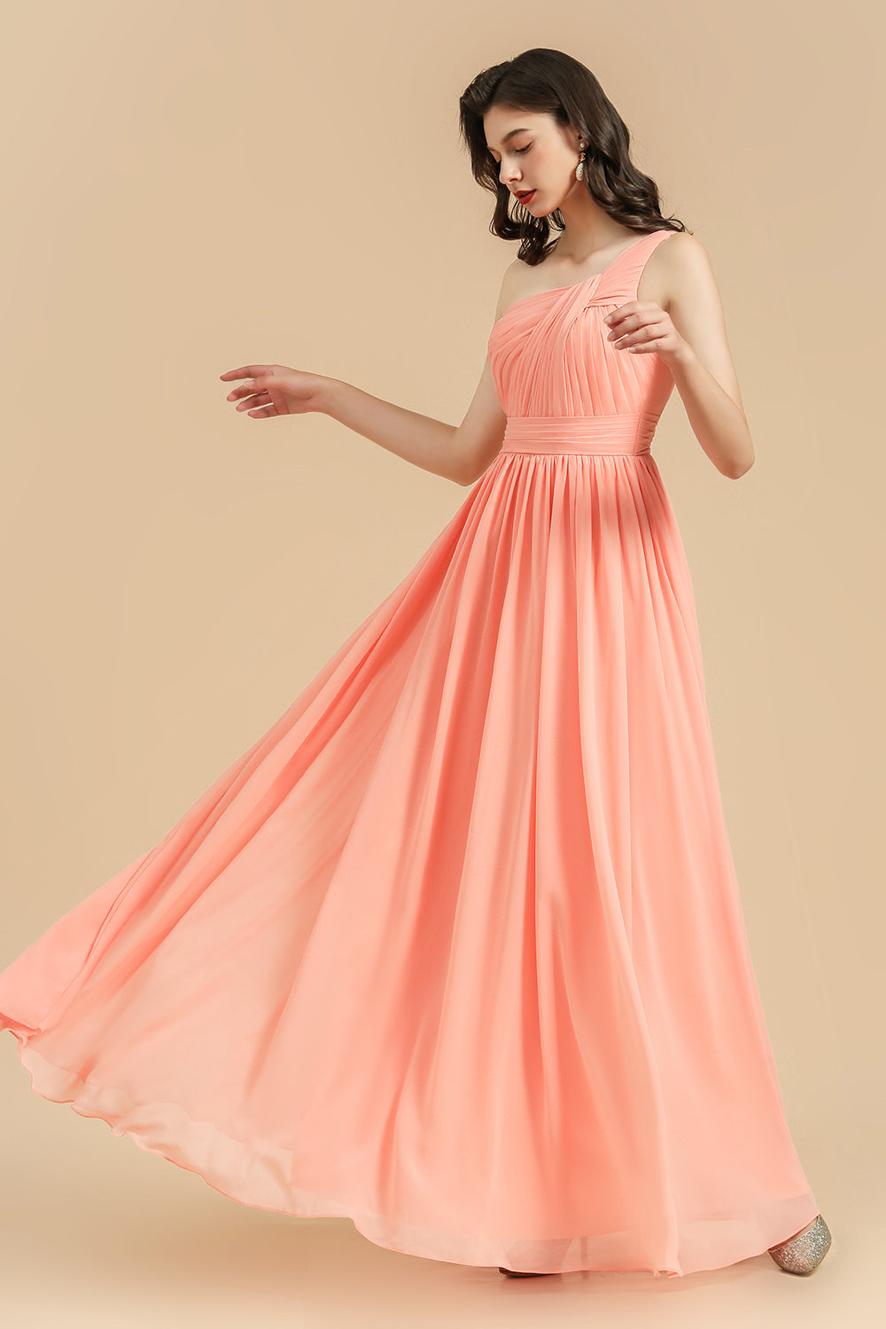 Elegant A-line One Shoulder Coral Chiffon Long Bridesmaid Dress-27dress