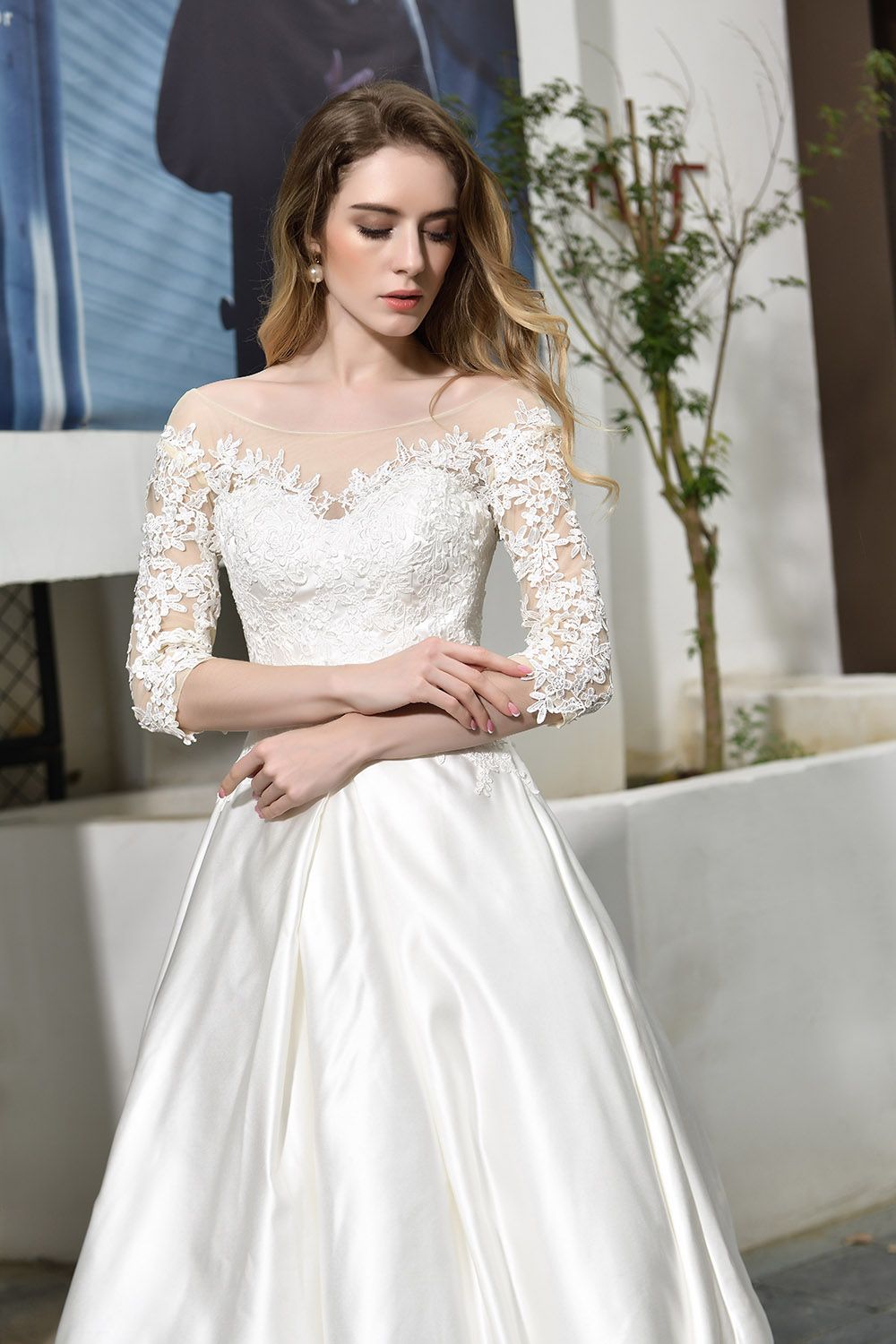 Elegant A-Line Satin Lace 3/4 Sleeves Ankle Length Wedding Dress-27dress