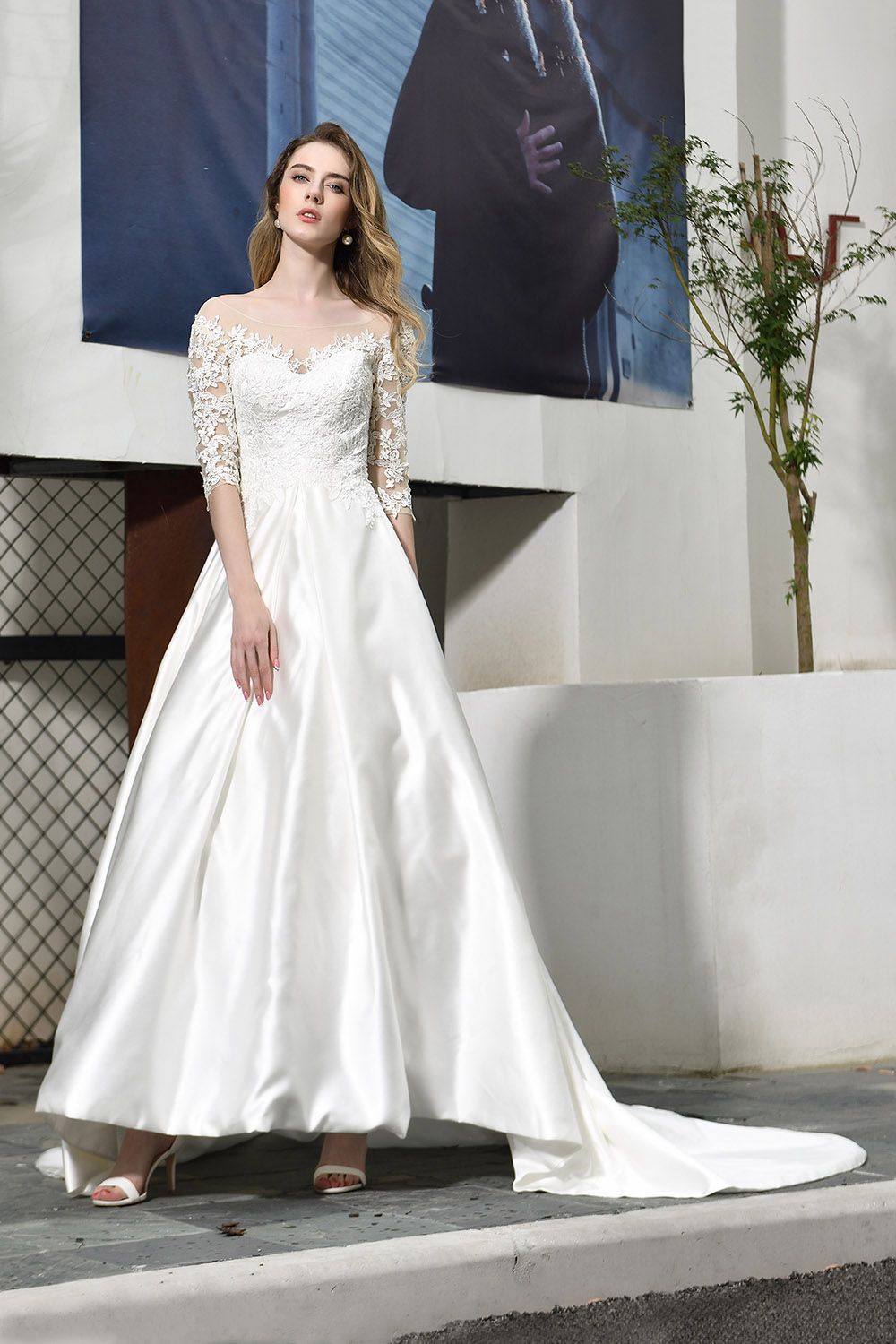 Elegant A-Line Satin Lace 3/4 Sleeves Ankle Length Wedding Dress-27dress