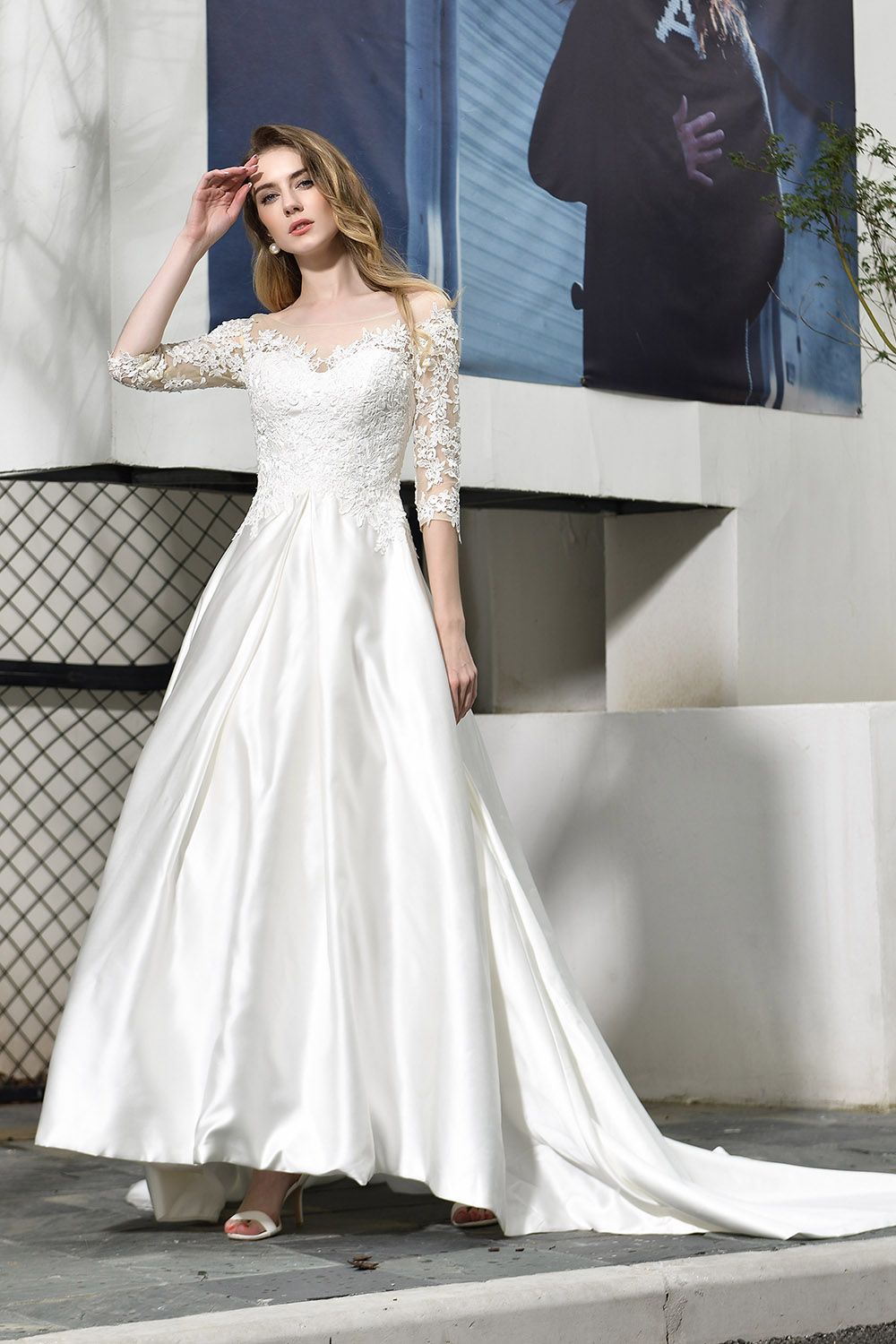 Elegant A-Line Satin Lace 3/4 Sleeves Ankle Length Wedding Dress-27dress