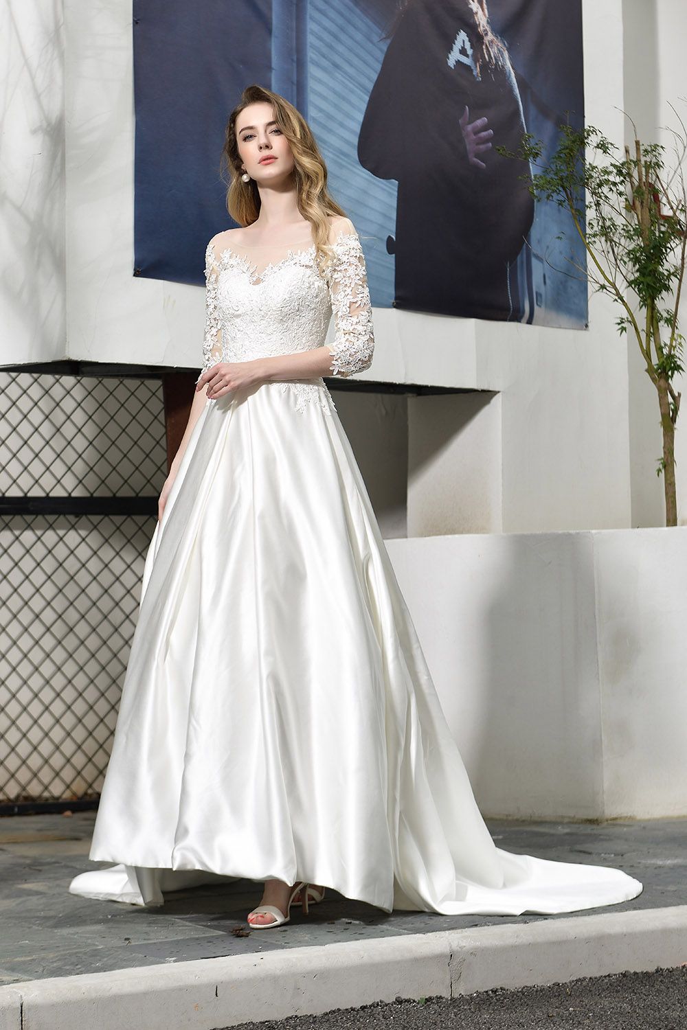Elegant A-Line Satin Lace 3/4 Sleeves Ankle Length Wedding Dress-27dress