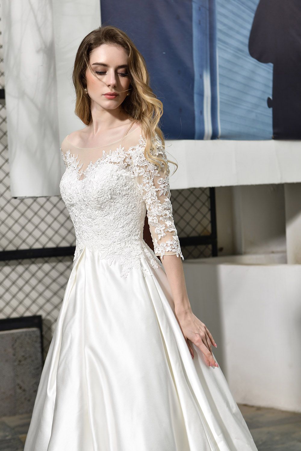 Elegant A-Line Satin Lace 3/4 Sleeves Ankle Length Wedding Dress-27dress