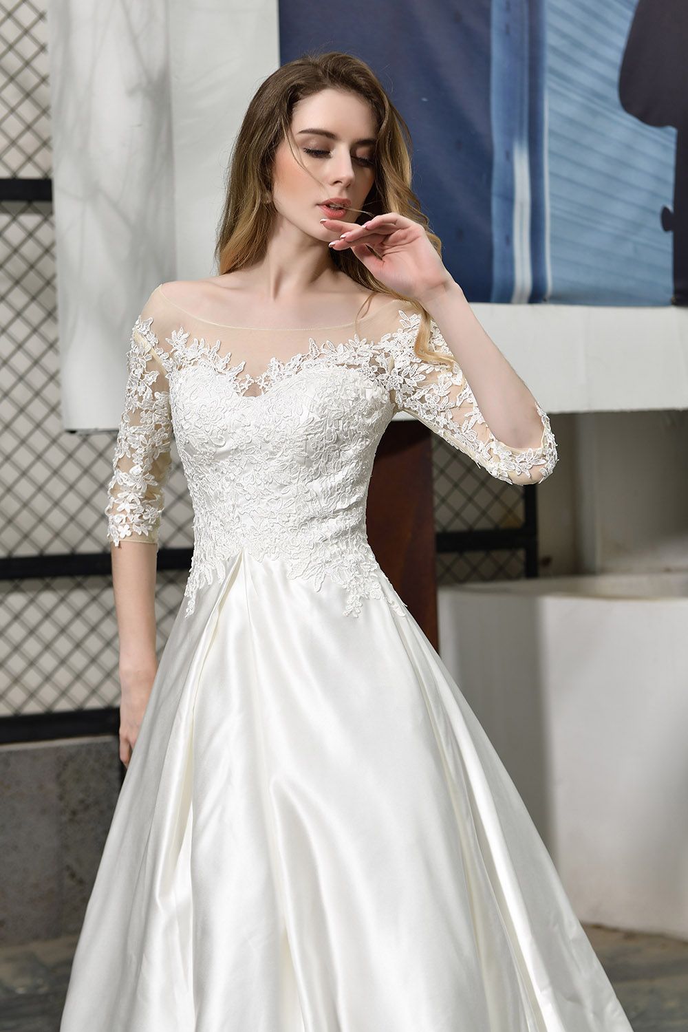Elegant A-Line Satin Lace 3/4 Sleeves Ankle Length Wedding Dress-27dress