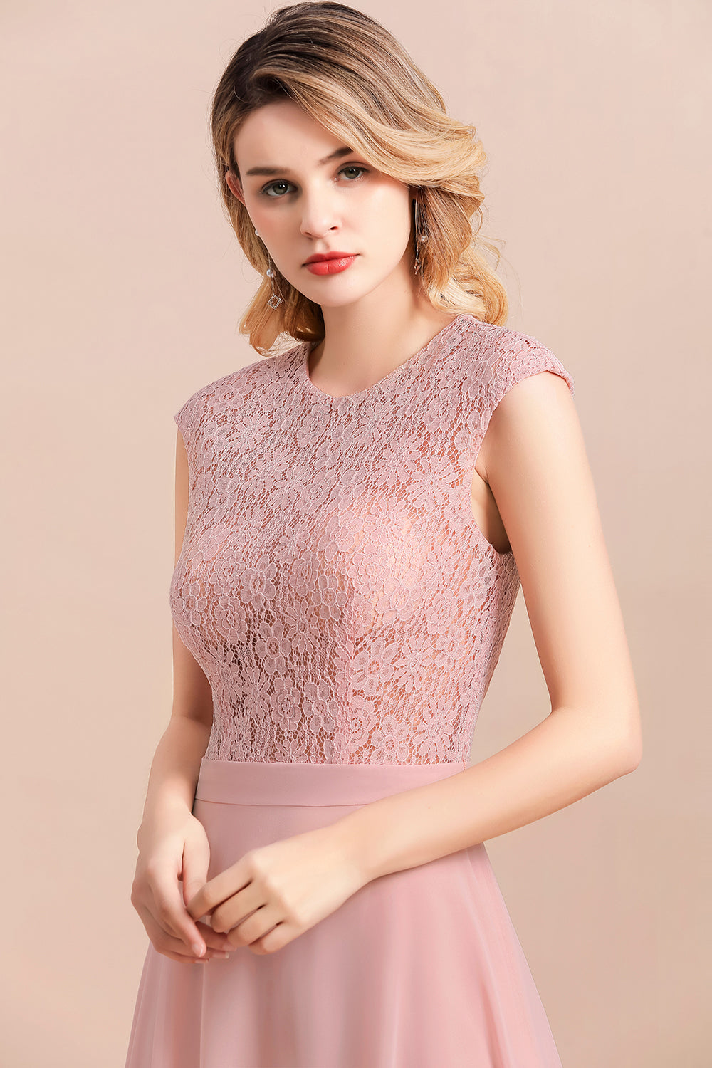 Elegant A-Line Sleeveless Dusty Rose Lace Bridesmaid Dress Online-27dress