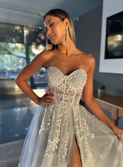 Elegant A-Line Strapless Lace Tulle Long Prom Dress With Split-27dress