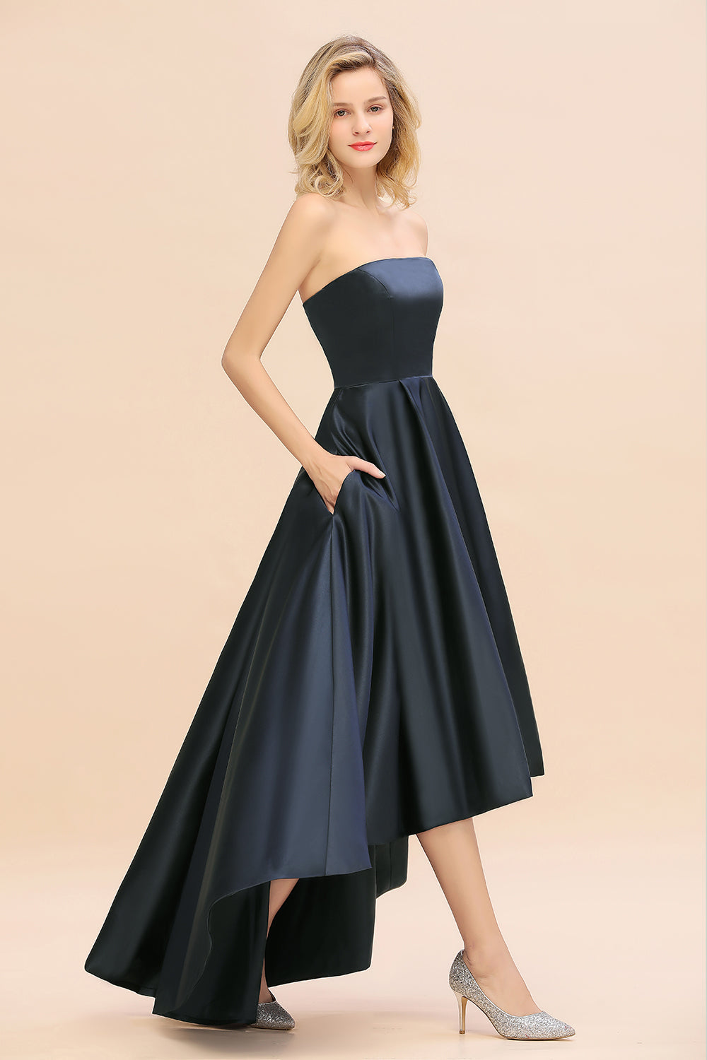 Elegant A-line Strapless Satin Open Back High Low Bridesmaid dresses From 27dress