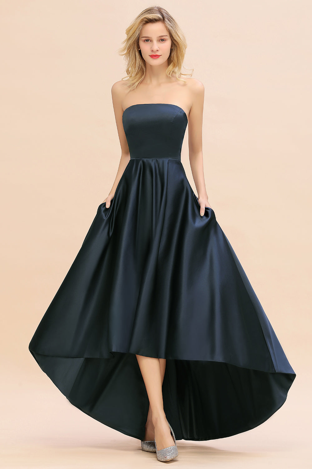 Elegant A-line Strapless Satin Open Back High Low Bridesmaid dresses From 27dress