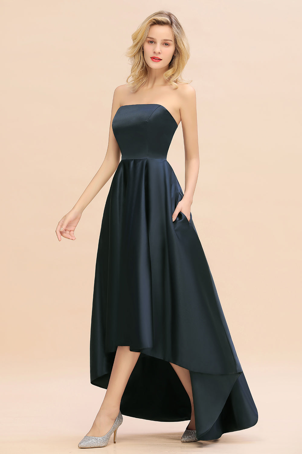 Elegant A-line Strapless Satin Open Back High Low Bridesmaid dresses From 27dress