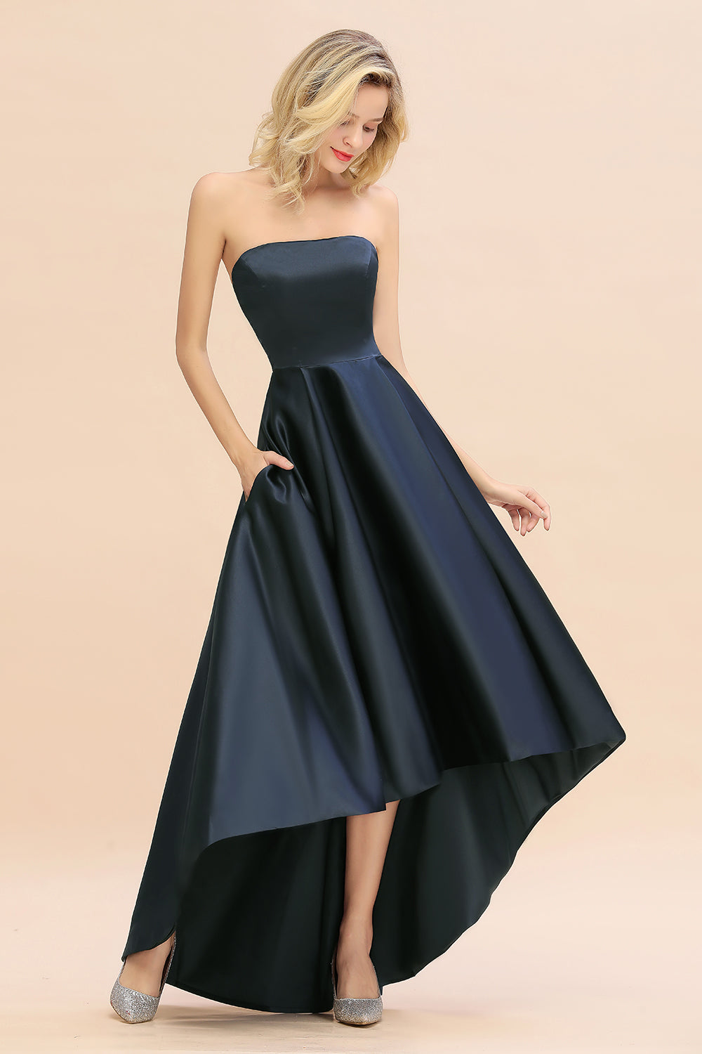 Elegant A-line Strapless Satin Open Back High Low Bridesmaid dresses From 27dress