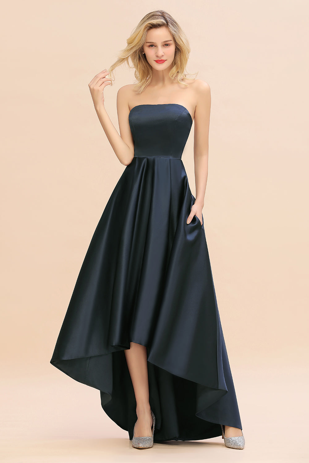 Elegant A-line Strapless Satin Open Back High Low Bridesmaid dresses From 27dress