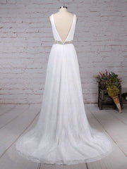 Elegant A-line V-neck Lace Sweep Train Wedding Dress with Sashes and Ribbons