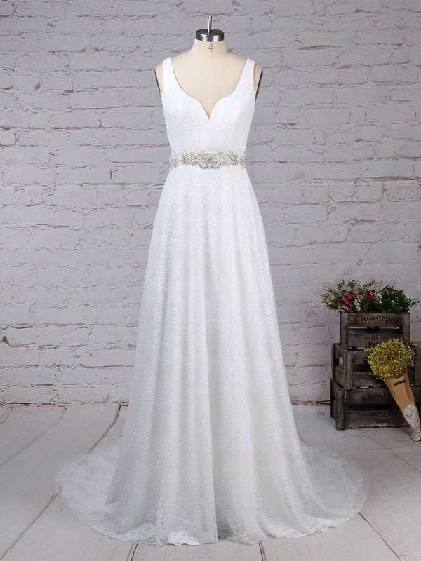 Elegant A-line V-neck Lace Sweep Train Wedding Dress with Sashes and Ribbons