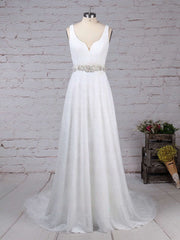 Elegant A-line V-neck Lace Sweep Train Wedding Dress with Sashes and Ribbons