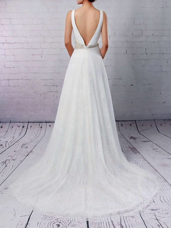 Elegant A-line V-neck Lace Sweep Train Wedding Dress with Sashes and Ribbons