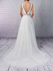 Elegant A-line V-neck Lace Sweep Train Wedding Dress with Sashes and Ribbons