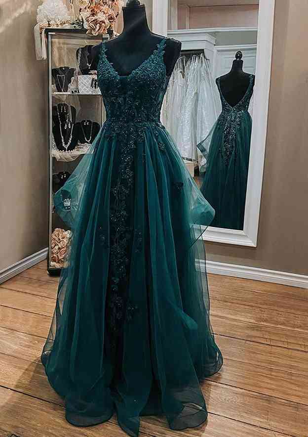 Load image into Gallery viewer, Elegant A-line V Neck Sleeveless Lace Tulle Long Prom Dress With Beading-27dress
