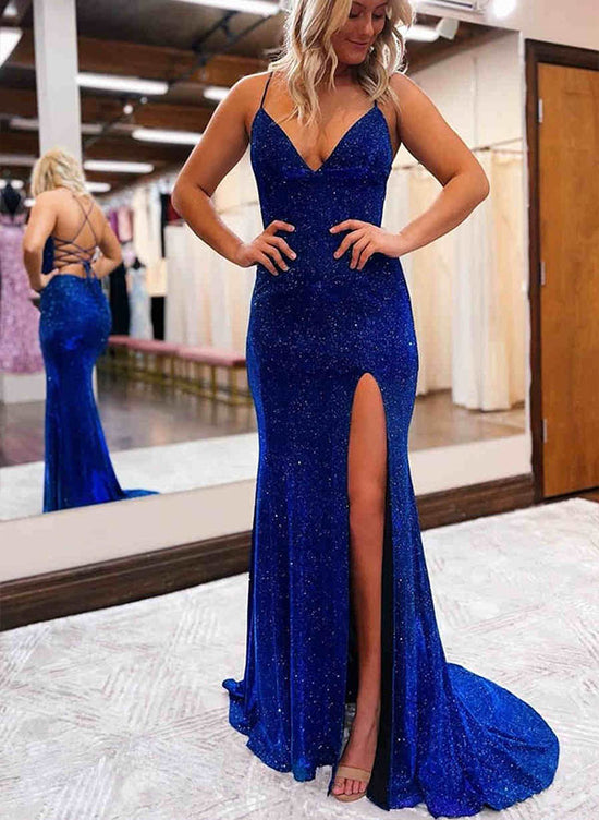 Elegant A-Line V-Neck Sleeveless Prom Dress With Split Front and Sweep Train-27dress