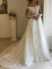 Elegant Ball Gown Illusion Tulle Sweep Train Wedding Dresses With Beading