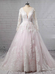 Elegant Ball Gown V-neck Tulle Sweep Train Wedding Dress With Appliques Lace