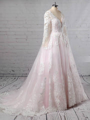Elegant Ball Gown V-neck Tulle Sweep Train Wedding Dress With Appliques Lace