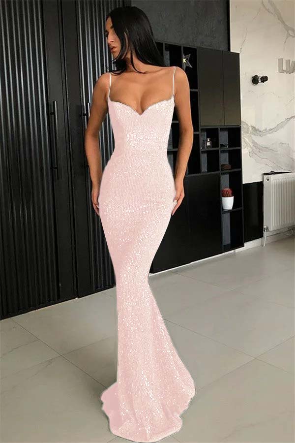 Elegant Black Spaghetti Strap Mermaid Prom Dress With Sequins