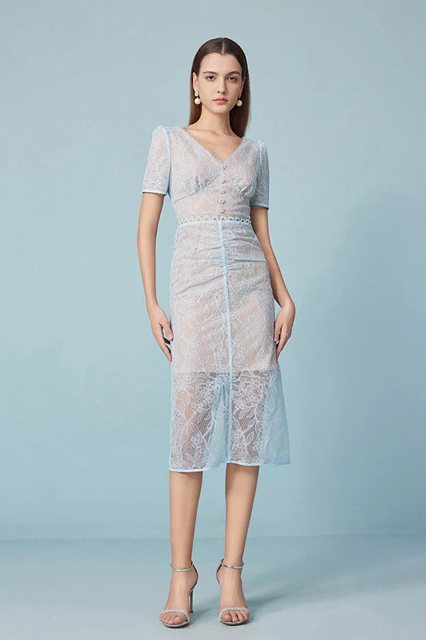 27Dress Elegant Blue V-neck Short Sleeves Sheath Dress