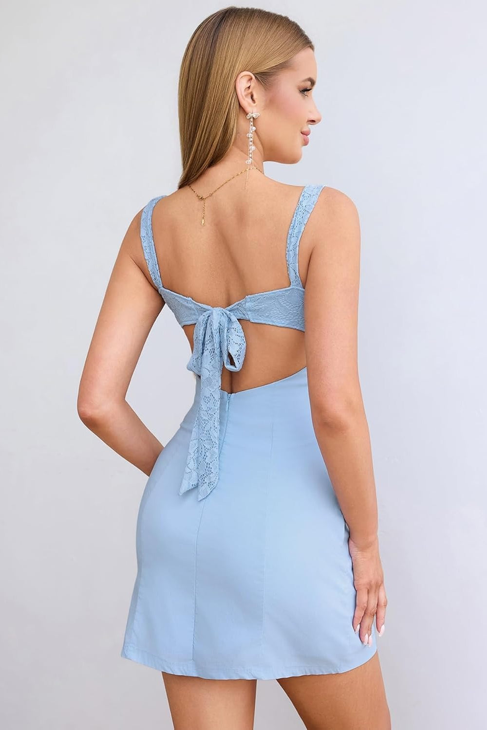 27dress light blue Mini Homecoming Dress back view with bow tie open back sleeveless straps