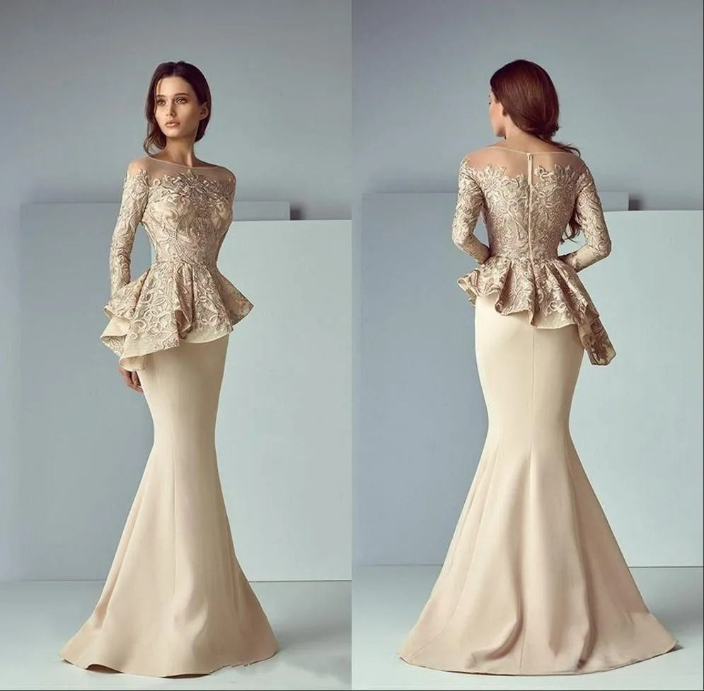 27DRESS Elegant Champagne Long Sleeves Lace Stain  Long Formal Dresses