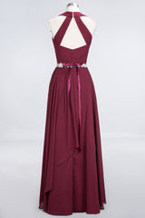 Elegant Chiffon Halter V-Neck Ruffle Bridesmaid Dress with Appliques Sashes-27dress