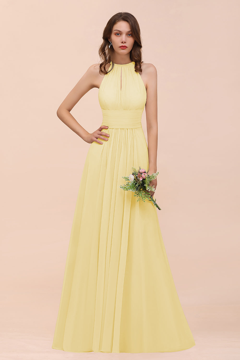 Elegant Chiffon Jewel Ruffle Champagne Affordable Bridesmaid Dress Online-27dress