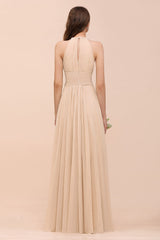 Elegant Chiffon Jewel Ruffle Champagne Affordable Bridesmaid Dress Online-27dress