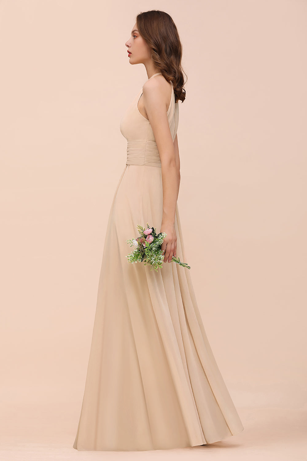Elegant Chiffon Jewel Ruffle Champagne Affordable Bridesmaid Dress Online-27dress