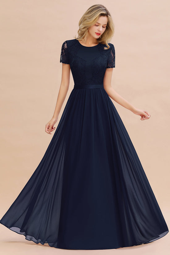 Elegant Chiffon Lace Jewel Short-Sleeves Affordable Bridesmaid Dress-27dress