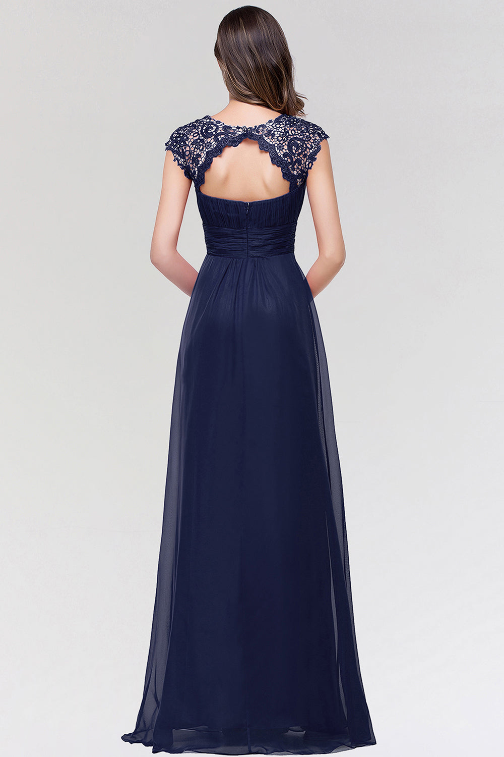 Load image into Gallery viewer, Elegant Chiffon Pleated Navy Lace Bridesmaid Dress with Keyhole Back-27dress
