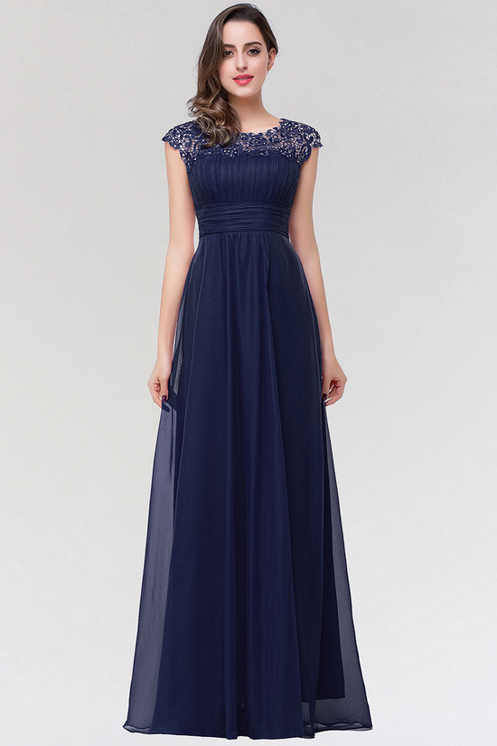 Elegant Chiffon Pleated Navy Lace Bridesmaid Dress with Keyhole Back-27dress