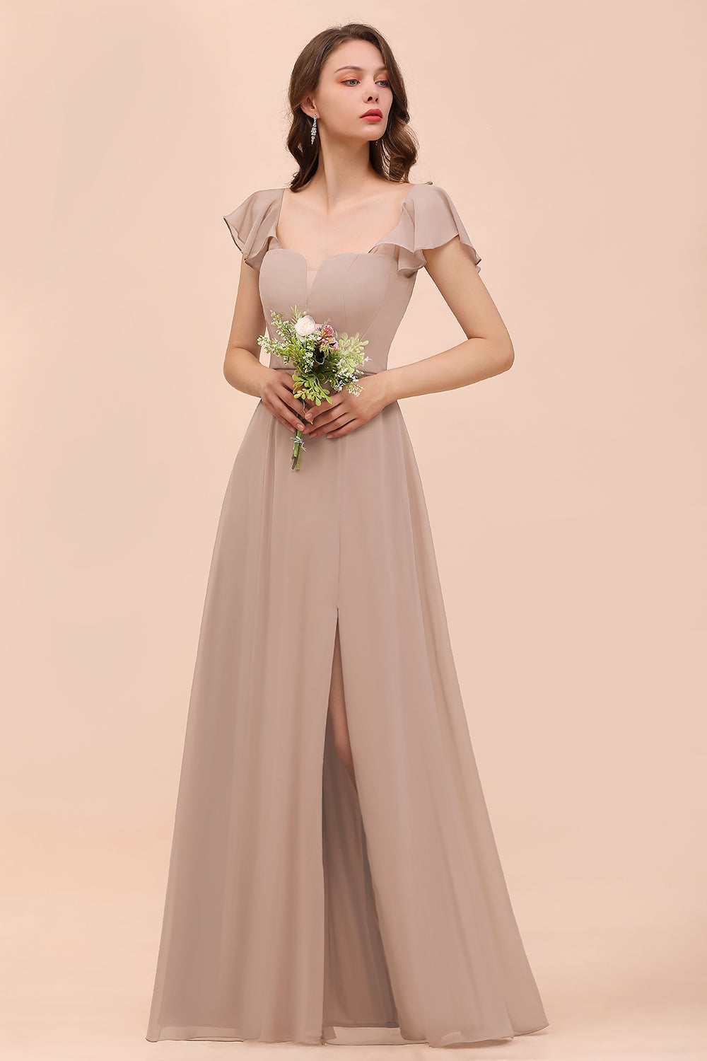 Elegant Chiffon Slit Affordable Bridesmaid Dresses with Short Sleeves-27dress
