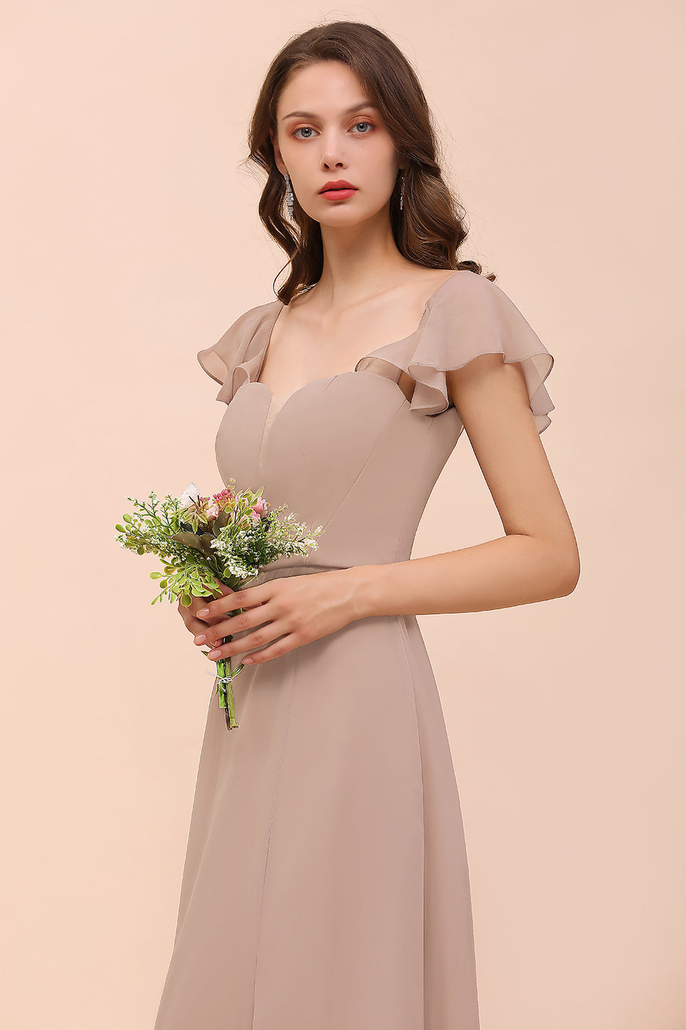 Elegant Chiffon Slit Affordable Bridesmaid Dresses with Short Sleeves-27dress