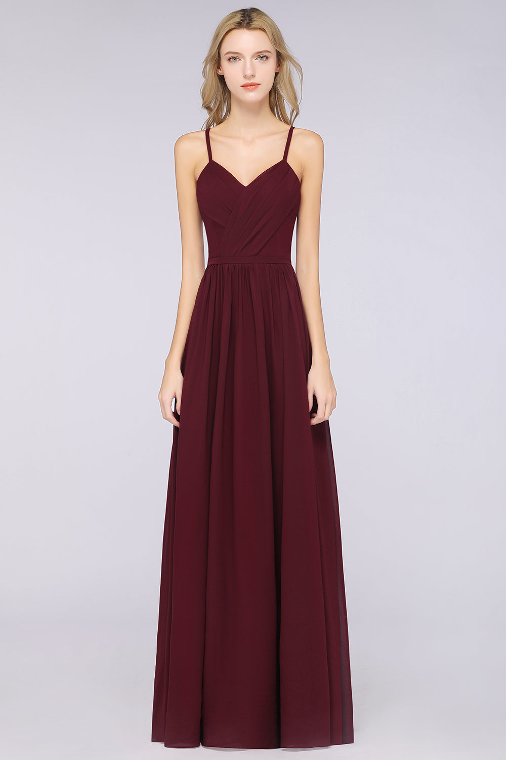 Elegant Chiffon V-Neck Burgundy Bridesmaid Dresses With Spaghetti-Stra 27dress Elegant Chiffon V-Neck Burgundy Bridesmaid Dresses With Spaghetti-Stra 27dress