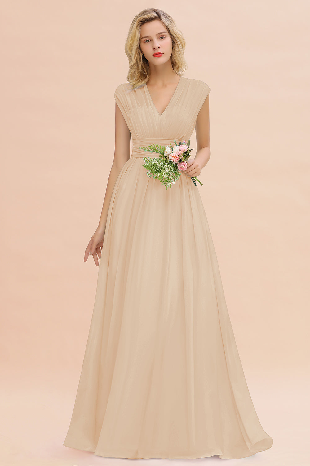 Load image into Gallery viewer, Elegant Chiffon V-Neck Ruffle Long Bridesmaid Dresses Affordable-27dress
