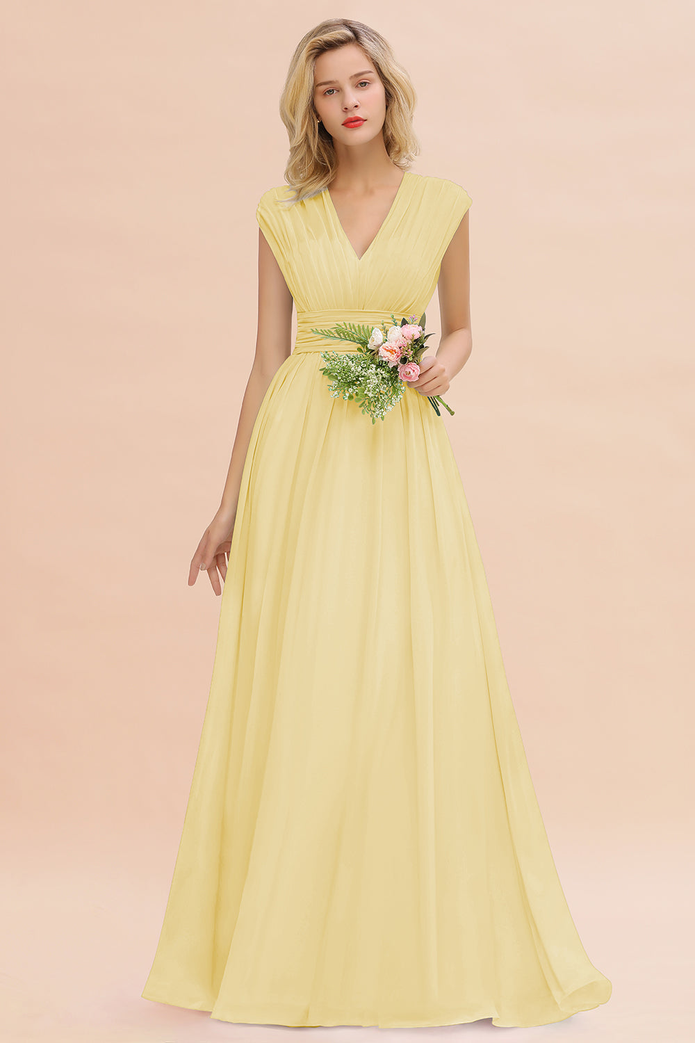 Load image into Gallery viewer, Elegant Chiffon V-Neck Ruffle Long Bridesmaid Dresses Affordable-27dress
