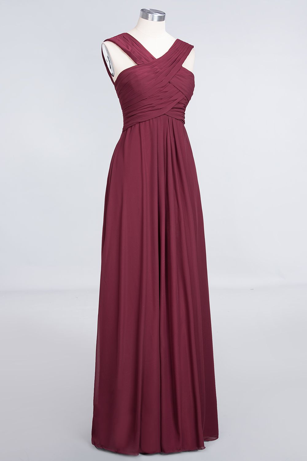 Load image into Gallery viewer, Elegant Chiffon V-Neck Straps Crisscross Burgundy Bridesmaid Dress with Ruffle-27dress
