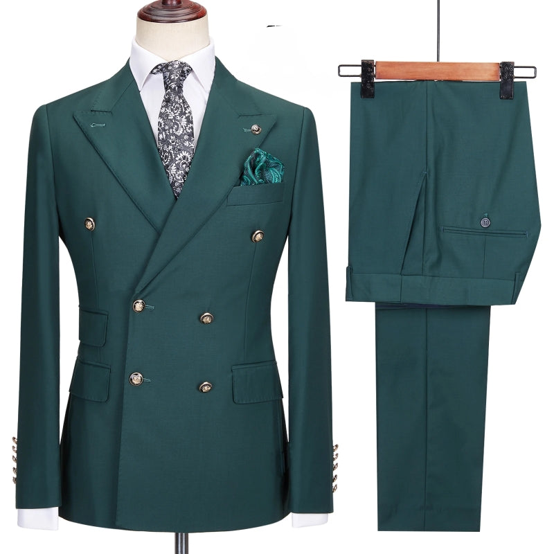 Elegant Dark Peaked Lapel Double Breasted Green Prom Suits